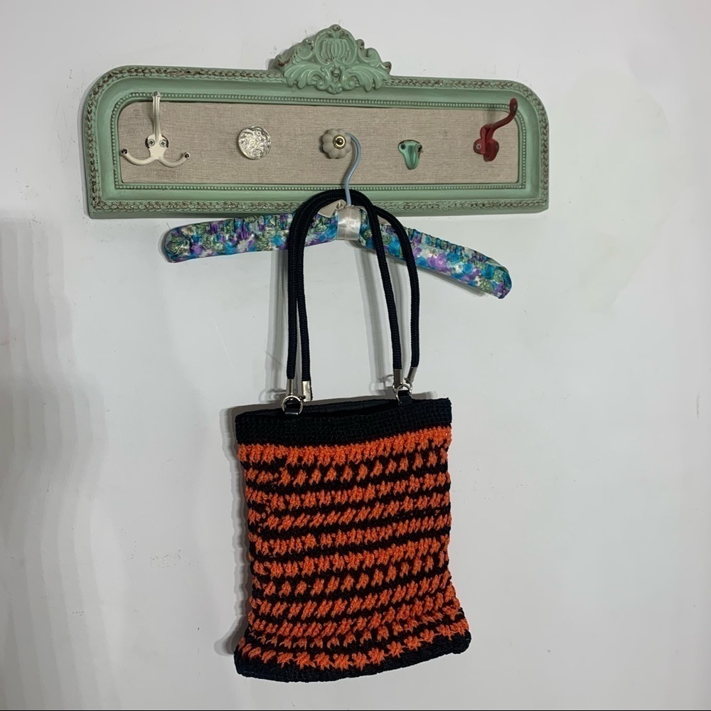Vintage weave knit y2k crochet orange black bucket bag vintage carry all